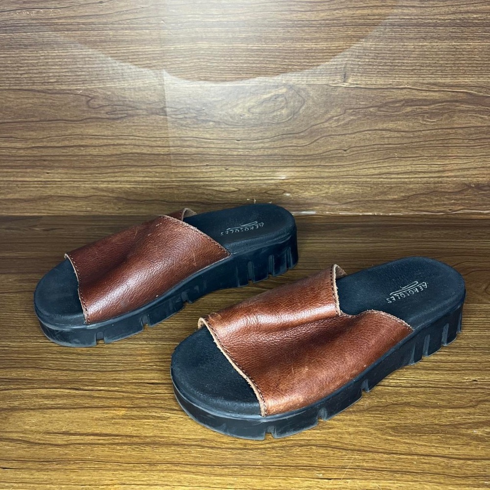 Aerosoles brown leather chunky Slip on sandals slides Jesus gladiator style